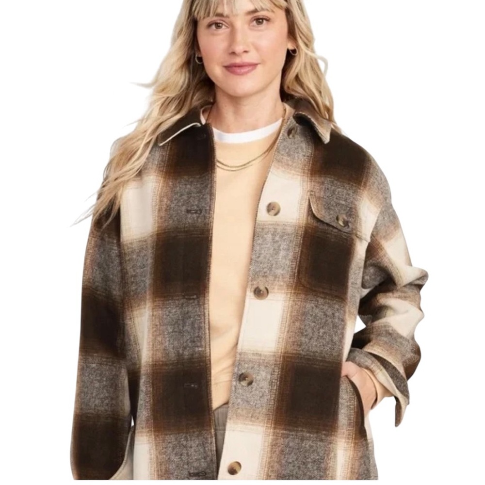 OLD NAVY Shacket Brown Plaid Women’s Heavy Weight Button Front Coat Size Xlrg